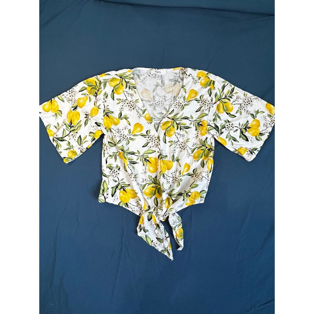 C by One Lemon Citrus Print Tie Front V-Neck Blouse White Yellow Medium